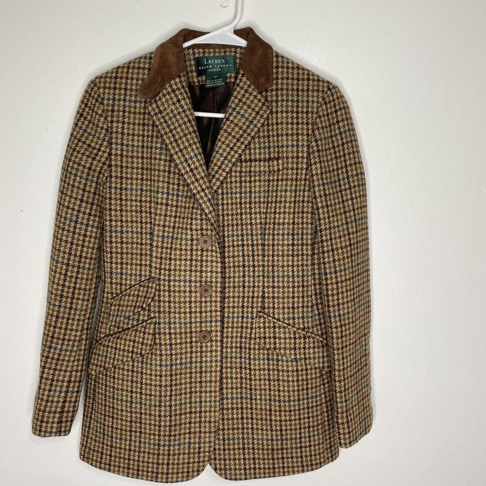 Vintage Lauren Ralph Womens Blazer Wool Tan Brown Plaid Velvet Collar 2P
